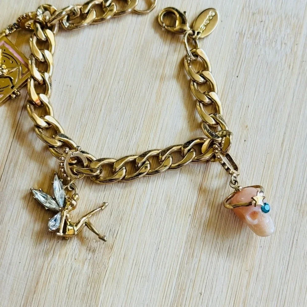 Disney Couture Story Book Tinker Bell Charm Bracelet Gold Plated Chain Crystal